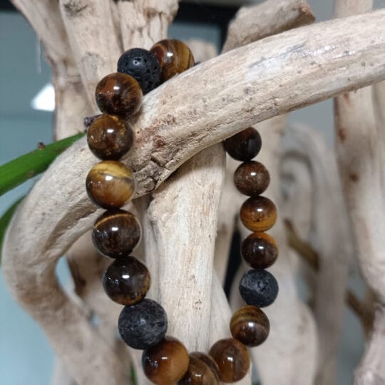 heren armband tijgeroog bruin met lavasteen